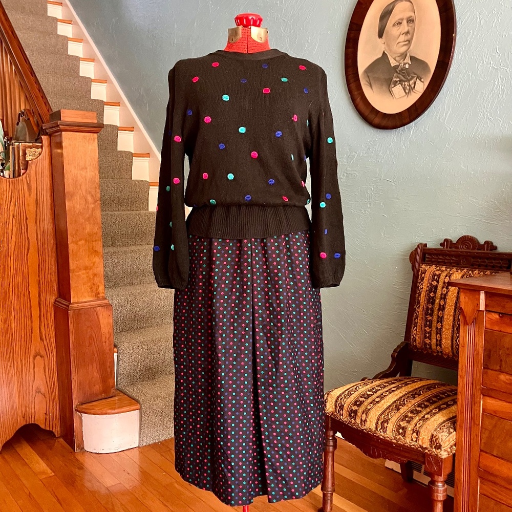 Vintage 80s Ciao Ltd New Wave Embroidered Polka Dot Knit Dress Pockets S/M